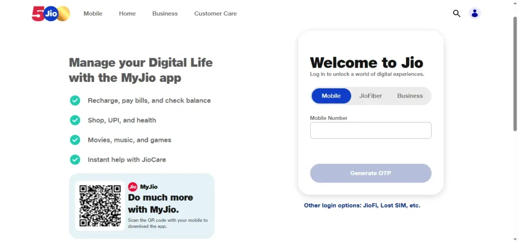 Jio selfcare website login