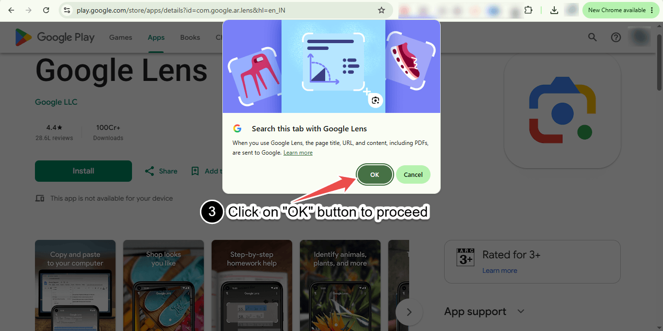 Appearance of a Pop up dialogue box when performing reverse image search in Google Lens on Google Chrome web browser in Windows