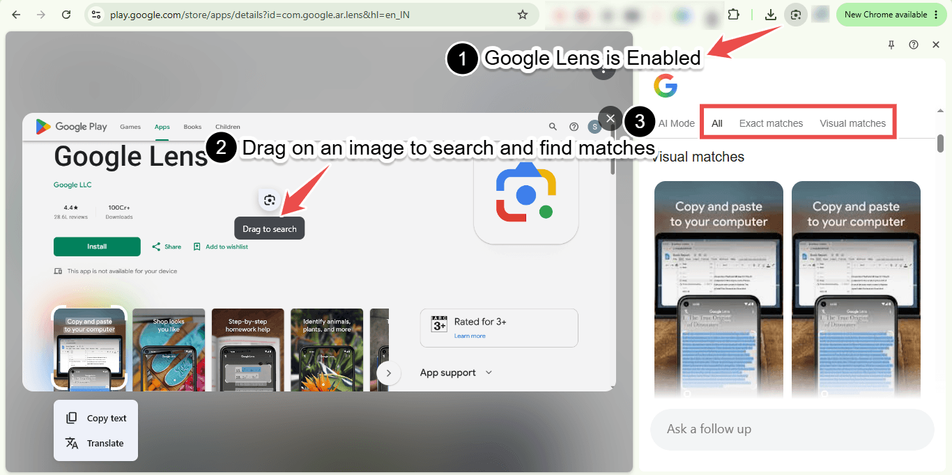 Reverse image search steps in Google Lens on Google Chrome Web Browser in Windows